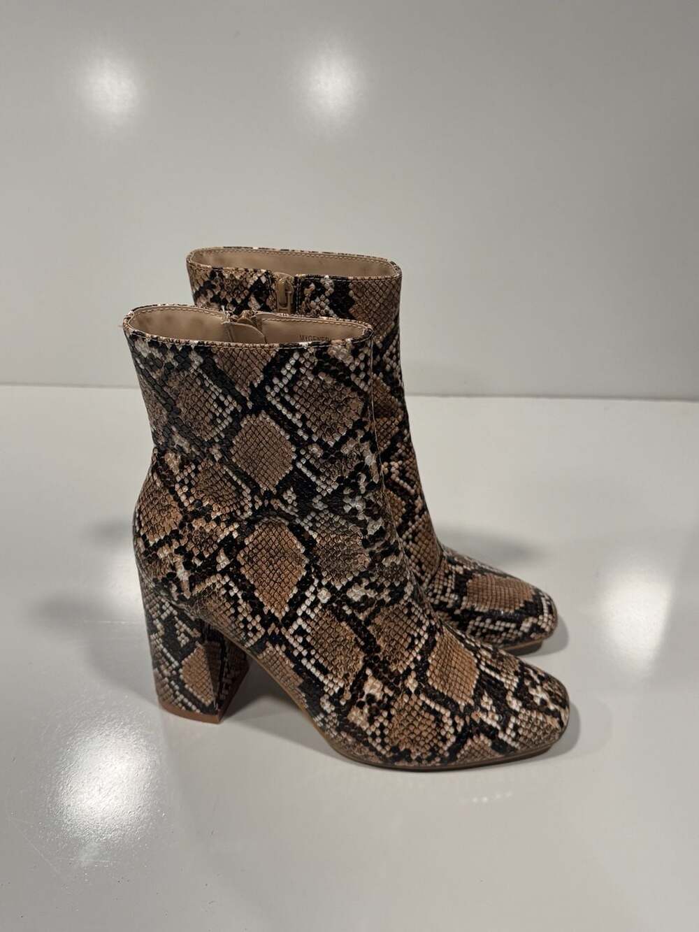 Lulus My Generation Tan Snake Print High Heel Mid-Calf Boots 7.5